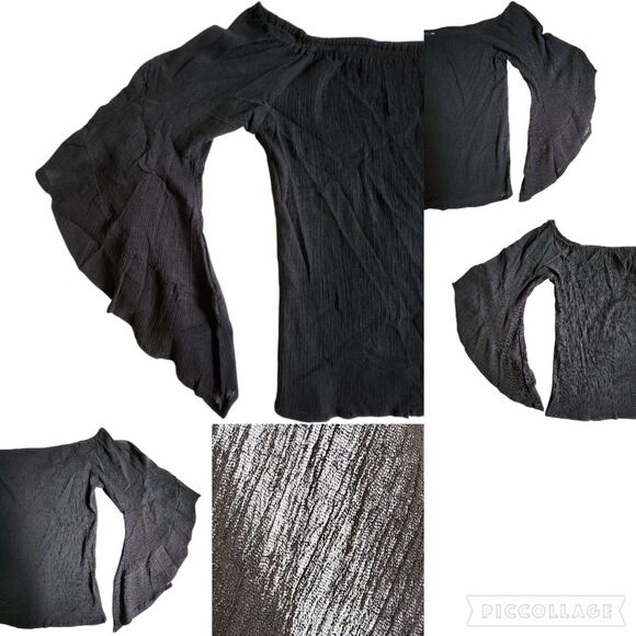 EARTHBOUND TRADING Co. Black Textured Off The Shoulder Bell Sleeve Top sz M - Picture 8 of 11